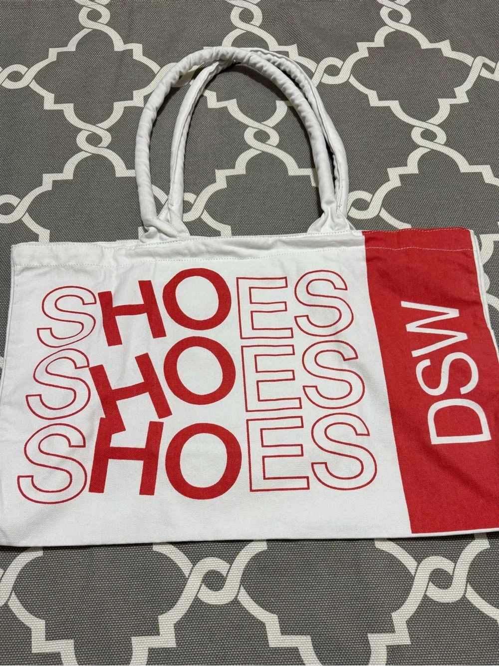 DSW White and Red Canvas Tote with 'SHOES' Print